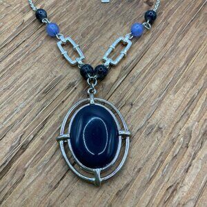 Liz & Co. Deep Blue Oval Pendant Silver Tone Mixed Beaded Chain Necklace